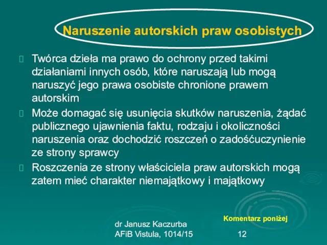 dr Janusz Kaczurba AFiB Vistula, 1014/15 Naruszenie autorskich praw osobistych Twórca