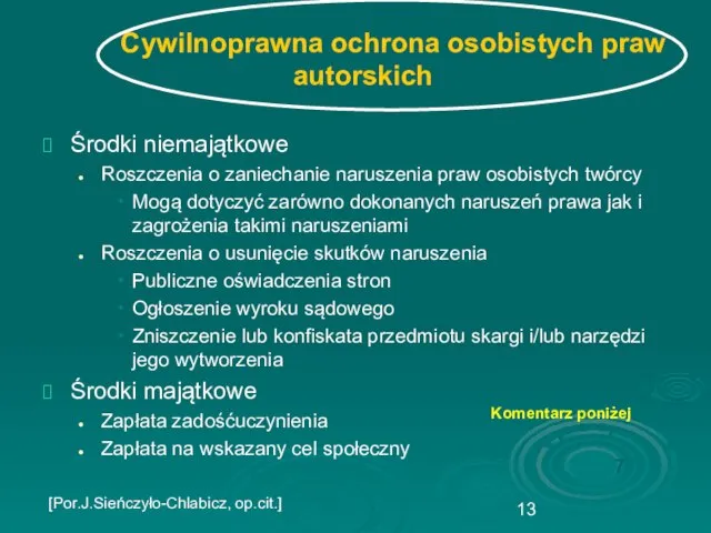 Cywilnoprawna ochrona osobistych praw autorskich Środki niemajątkowe Roszczenia o zaniechanie naruszenia