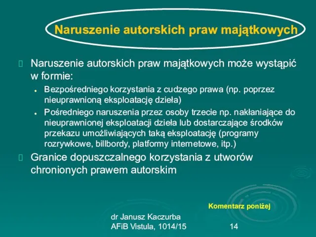 dr Janusz Kaczurba AFiB Vistula, 1014/15 Naruszenie autorskich praw majątkowych Naruszenie