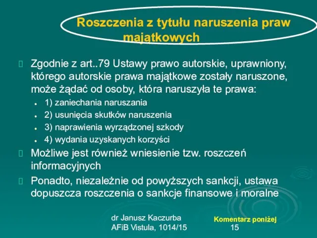 dr Janusz Kaczurba AFiB Vistula, 1014/15 Roszczenia z tytułu naruszenia praw