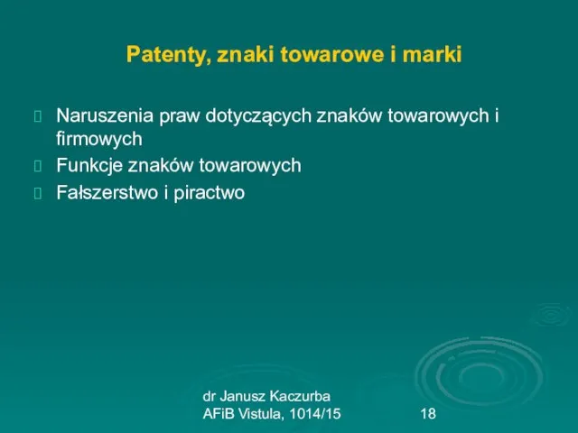 dr Janusz Kaczurba AFiB Vistula, 1014/15 Patenty, znaki towarowe i marki