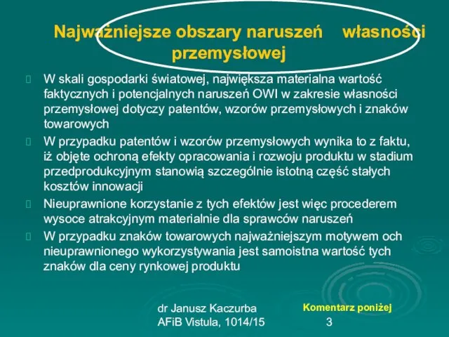 dr Janusz Kaczurba AFiB Vistula, 1014/15 Najważniejsze obszary naruszeń własności przemysłowej