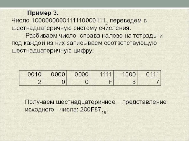 Пример 3. Число 10000000001111100001112 переведем в шестнадцатеричную систему счисления. Разбиваем число