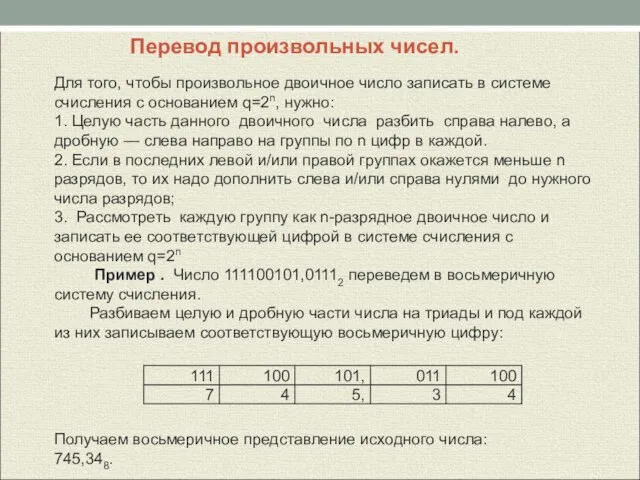 Перевод произвольных чисел. Для того, чтобы произвольное двоичное число записать в