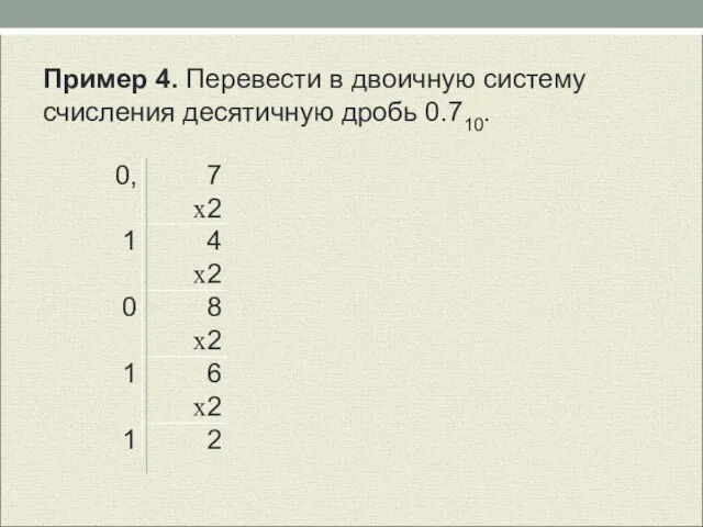 Пример 4. Перевести в двоичную систему счисления десятичную дробь 0.710.