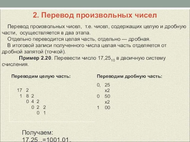 2. Перевод произвольных чисел Перевод произвольных чисел, т.е. чисел, содержащих целую