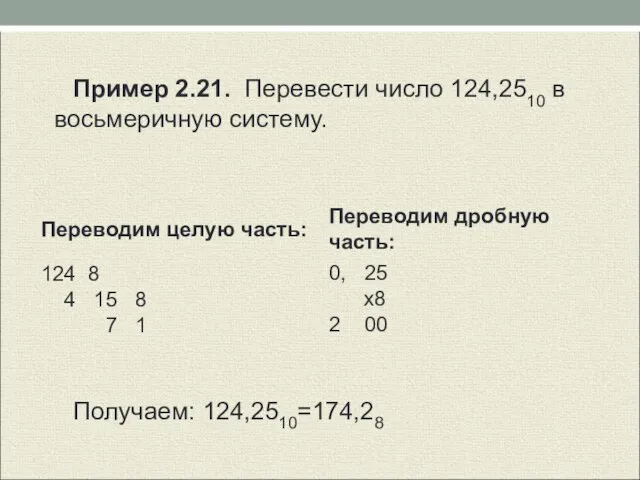 Пример 2.21. Перевести число 124,2510 в восьмеричную систему. Получаем: 124,2510=174,28