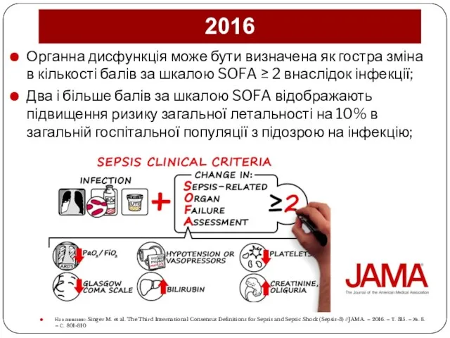 2016 Органна дисфункція може бути визначена як гостра зміна в кількості