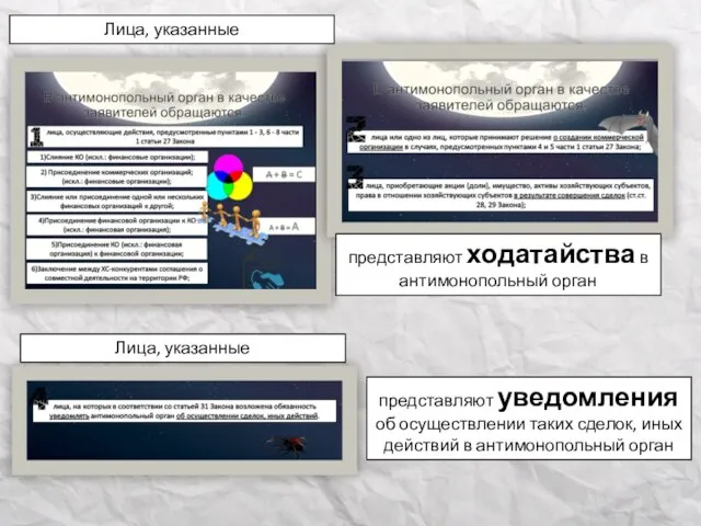 представляют ходатайства в антимонопольный орган Лица, указанные представляют уведомления об осуществлении