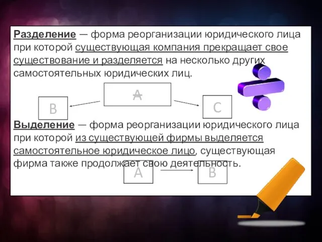 Разделение — форма реорганизации юридического лица при которой существующая компания прекращает