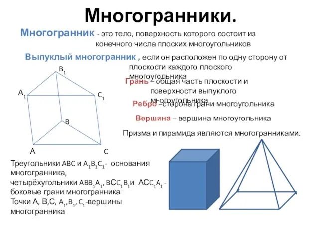 Многогранники. Многогранник - это тело, поверхность которого состоит из конечного числа