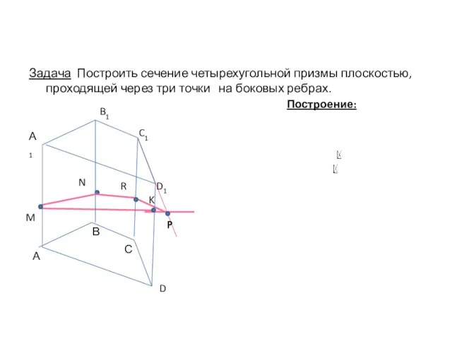 Задача Построить сечение четырехугольной призмы плоскостью, проходящей через три точки на боковых ребрах. Построение: R P