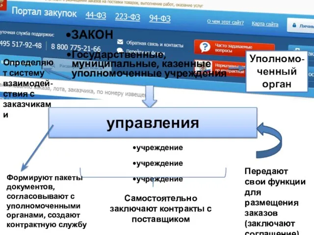 ЗАКОН Государственные, муниципальные, казенные уполномоченные учреждения учреждение учреждение учреждение управления Уполномо-ченный