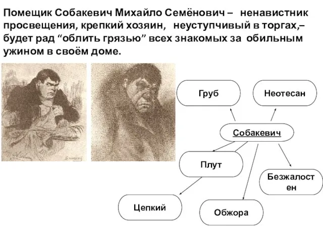 Помещик Собакевич Михайло Семёнович – ненавистник просвещения, крепкий хозяин, неуступчивый в