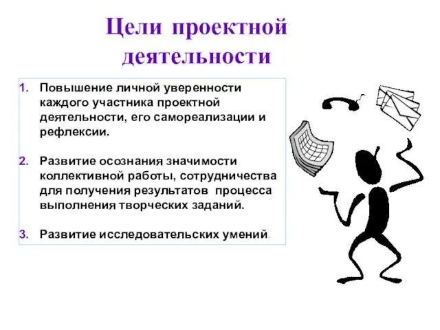 Цели проектной деятельности Повышение личной уверенности каждого участника проектной деятельности, его