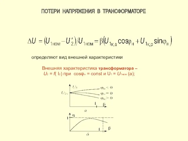 определяют вид внешней характеристики Внешняя характеристика трансформатора – U2 = f(