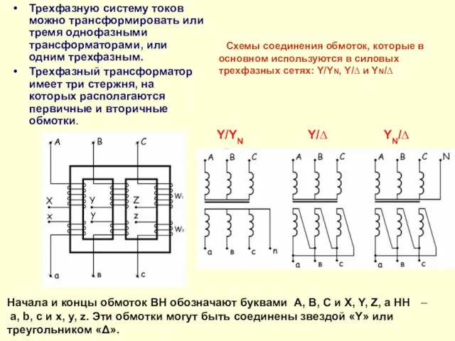 Трехфазную систему токов можно трансформировать или тремя однофазными трансформаторами, или одним