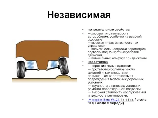 Независимая положительные свойства — хорошая управляемость автомобилем, особенно на высокой скорости;