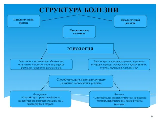 СТРУКТУРА БОЛЕЗНИ Патологический процесс Патологическое состояние Патологическая реакция ЭТИОЛОГИЯ Экзогенные -