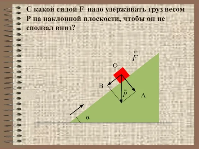 С какой силой F надо удерживать груз весом Р на наклонной