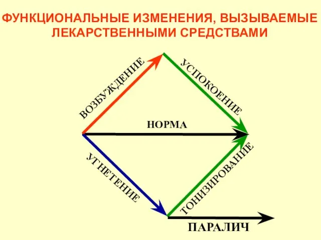 ФУНКЦИОНАЛЬНЫЕ ИЗМЕНЕНИЯ, ВЫЗЫВАЕМЫЕ ЛЕКАРСТВЕННЫМИ СРЕДСТВАМИ НОРМА ВОЗБУЖДЕНИЕ УГНЕТЕНИЕ ТОНИЗИРОВАНИЕ УСПОКОЕНИЕ ПАРАЛИЧ