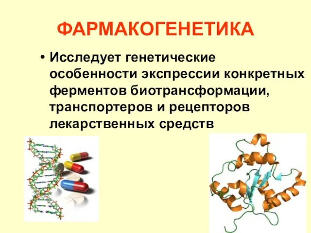 ФАРМАКОГЕНЕТИКА Исследует генетические особенности экспрессии конкретных ферментов биотрансформации, транспортеров и рецепторов лекарственных средств