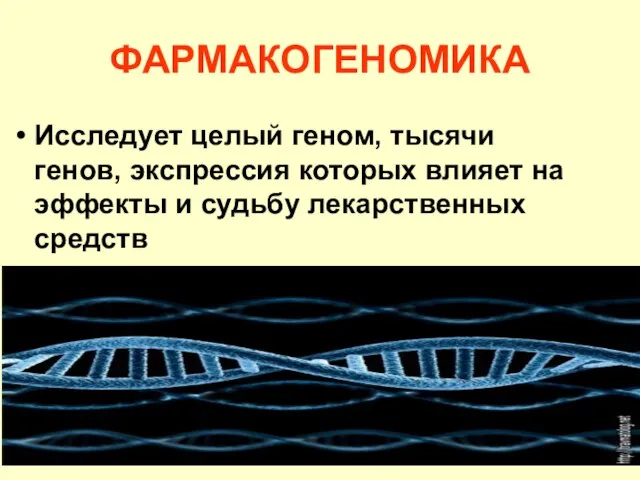 ФАРМАКОГЕНОМИКА Исследует целый геном, тысячи генов, экспрессия которых влияет на эффекты и судьбу лекарственных средств