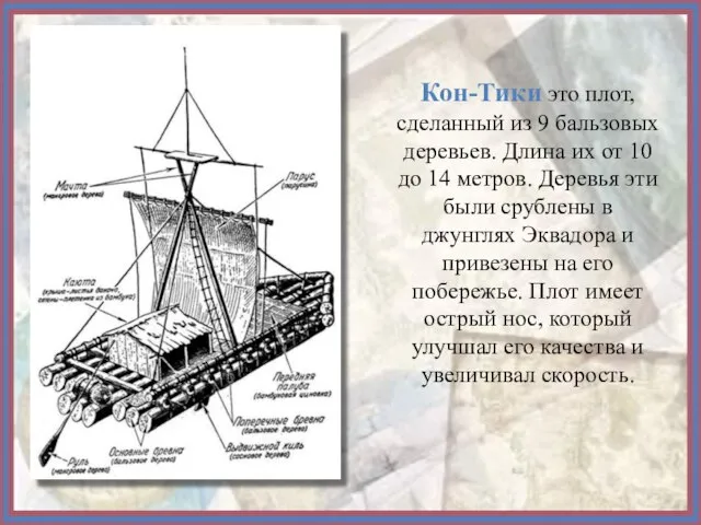 Кон-Тики это плот, сделанный из 9 бальзовых деревьев. Длина их от