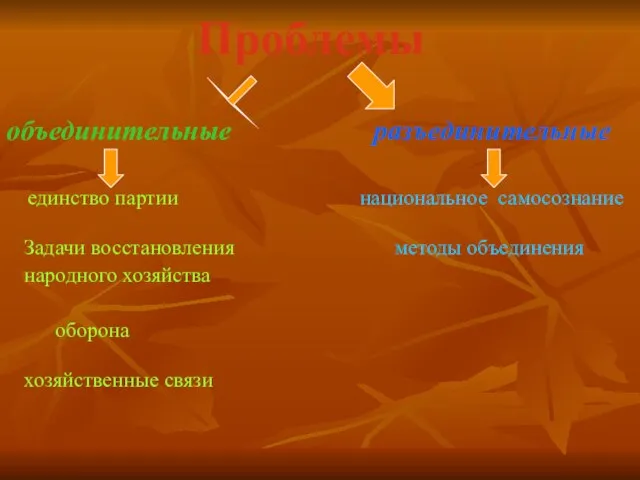 Проблемы объединительные разъединительные единство партии национальное самосознание Задачи восстановления методы объединения народного хозяйства оборона хозяйственные связи