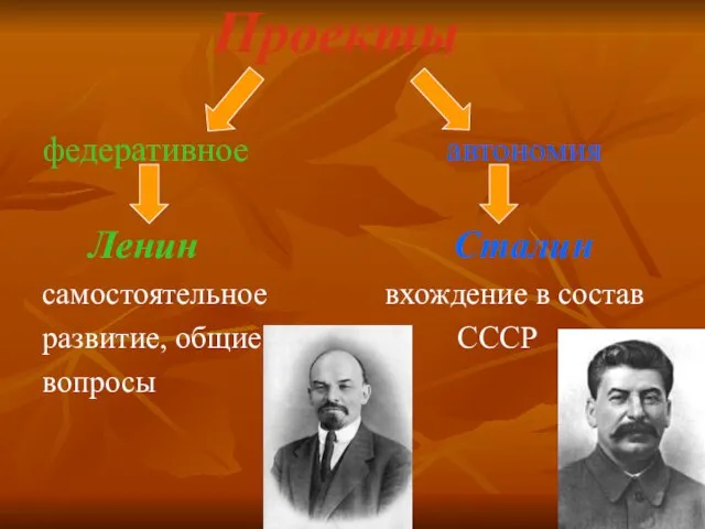 Проекты федеративное автономия Ленин Сталин самостоятельное вхождение в состав развитие, общие СССР вопросы