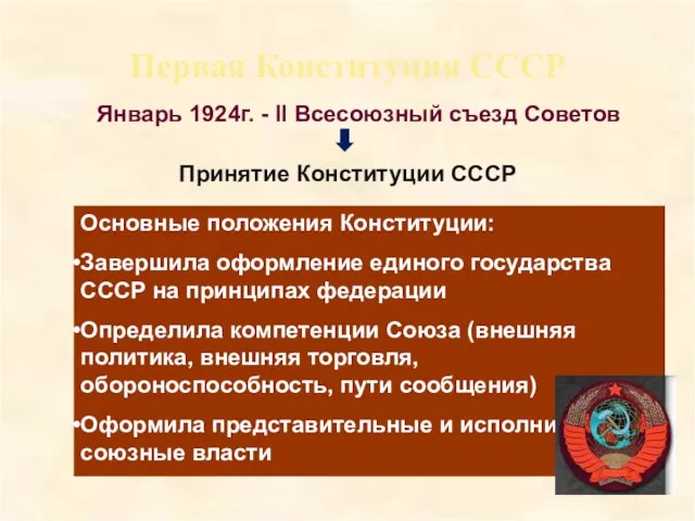 Первая Конституция СССР Январь 1924г. - II Всесоюзный съезд Советов Принятие