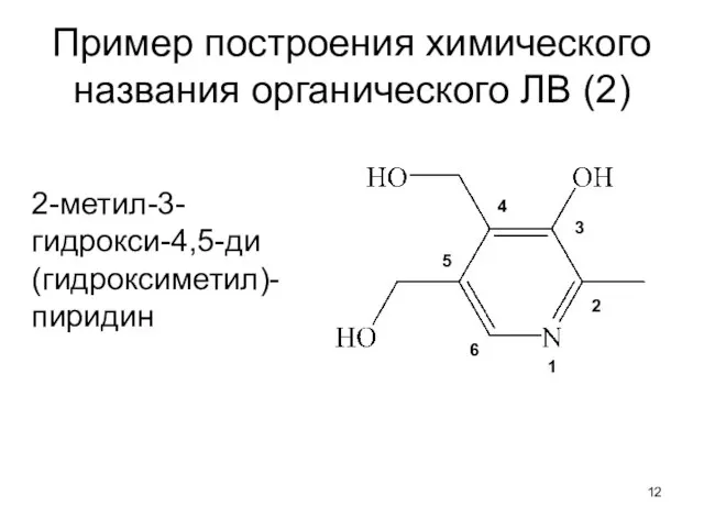 Пример построения химического названия органического ЛВ (2) 2-метил-3-гидрокси-4,5-ди (гидроксиметил)-пиридин