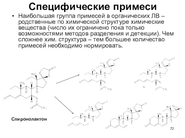 Специфические примеси Наибольшая группа примесей в органических ЛВ – родственные по