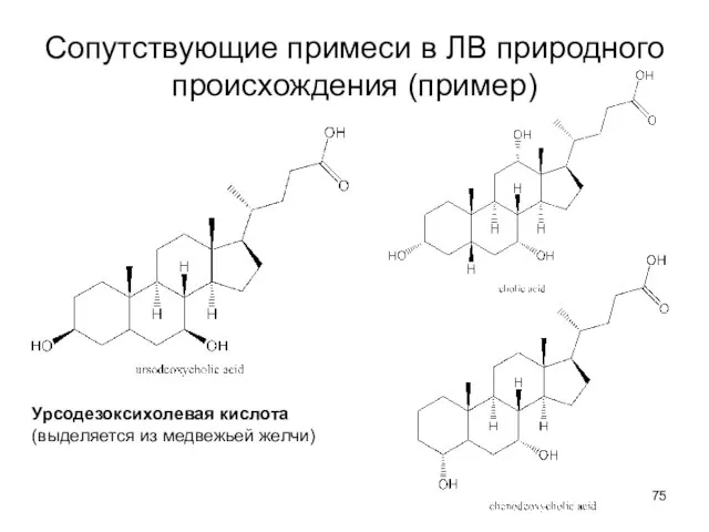 Сопутствующие примеси в ЛВ природного происхождения (пример) Урсодезоксихолевая кислота (выделяется из медвежьей желчи)