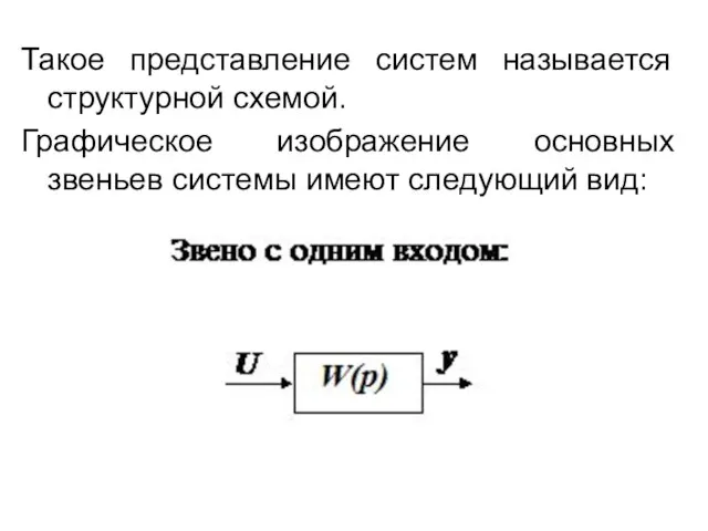 Такое представление систем называется структурной схемой. Графическое изображение основных звеньев системы имеют следующий вид: