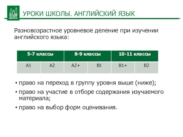 УРОКИ ШКОЛЫ. АНГЛИЙСКИЙ ЯЗЫК Разновозрастное уровневое деление при изучении английского языка: