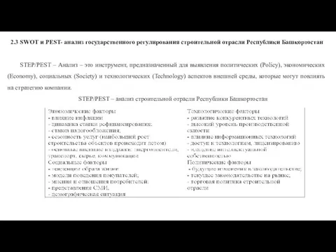 2.3 SWOT и PEST- анализ государственного регулирования строительной отрасли Республики Башкортостан