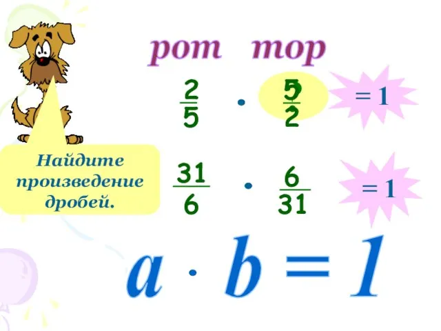 рот тор ? Найдите произведение дробей. = 1 = 1 a b = 1