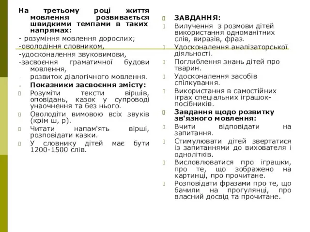 На третьому році життя мовлення розвивається швидкими темпами в таких напрямах: