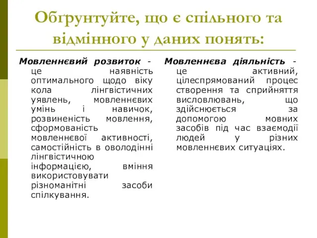 Обґрунтуйте, що є спільного та відмінного у даних понять: Мовленнєвий розвиток