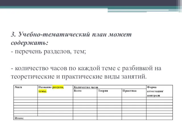 3. Учебно-тематический план может содержать: - перечень разделов, тем; - количество