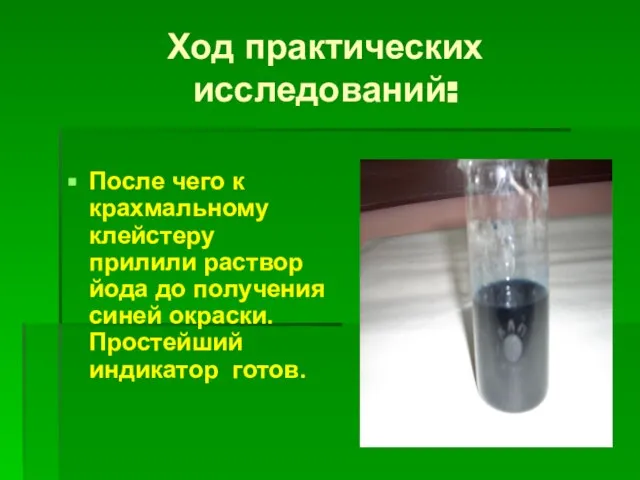 Ход практических исследований: После чего к крахмальному клейстеру прилили раствор йода