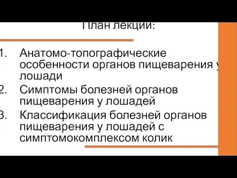 План лекции: Анатомо-топографические особенности органов пищеварения у лошади Симптомы болезней органов