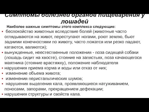 Симптомы болезней органов пищеварения у лошадей Наиболее важные симптомы этого комплекса