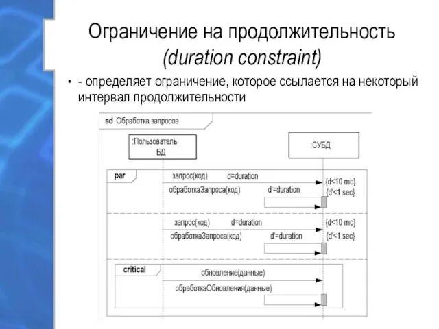 Ограничение на продолжительность (duration constraint) - определяет ограничение, которое ссылается на некоторый интервал продолжительности