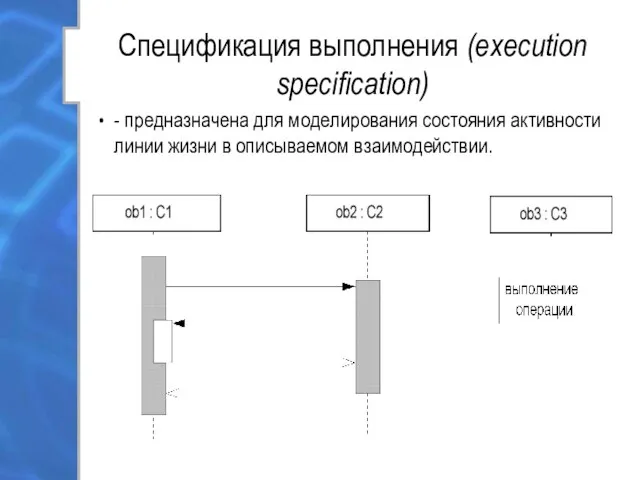 Спецификация выполнения (execution specification) - предназначена для моделирования состояния активности линии жизни в описываемом взаимодействии.