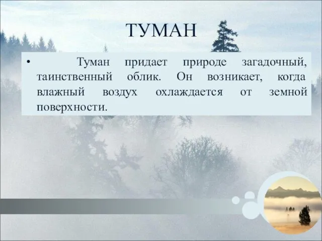 ТУМАН Туман придает природе загадочный, таинственный облик. Он возникает, когда влажный воздух охлаждается от земной поверхности.