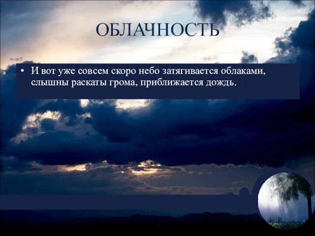 ОБЛАЧНОСТЬ И вот уже совсем скоро небо затягивается облаками, слышны раскаты грома, приближается дождь.