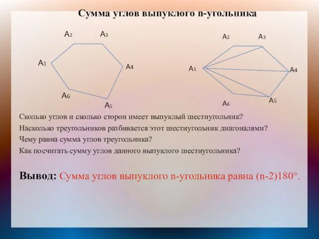 Сумма углов выпуклого n-угольника Сколько углов и сколько сторон имеет выпуклый