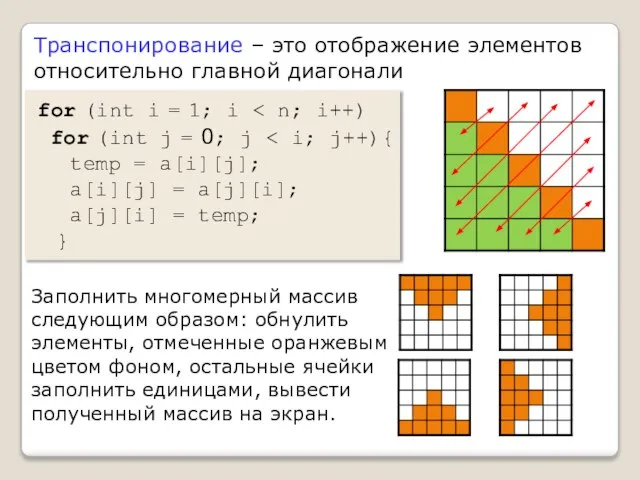 Транспонирование – это отображение элементов относительно главной диагонали for (int i